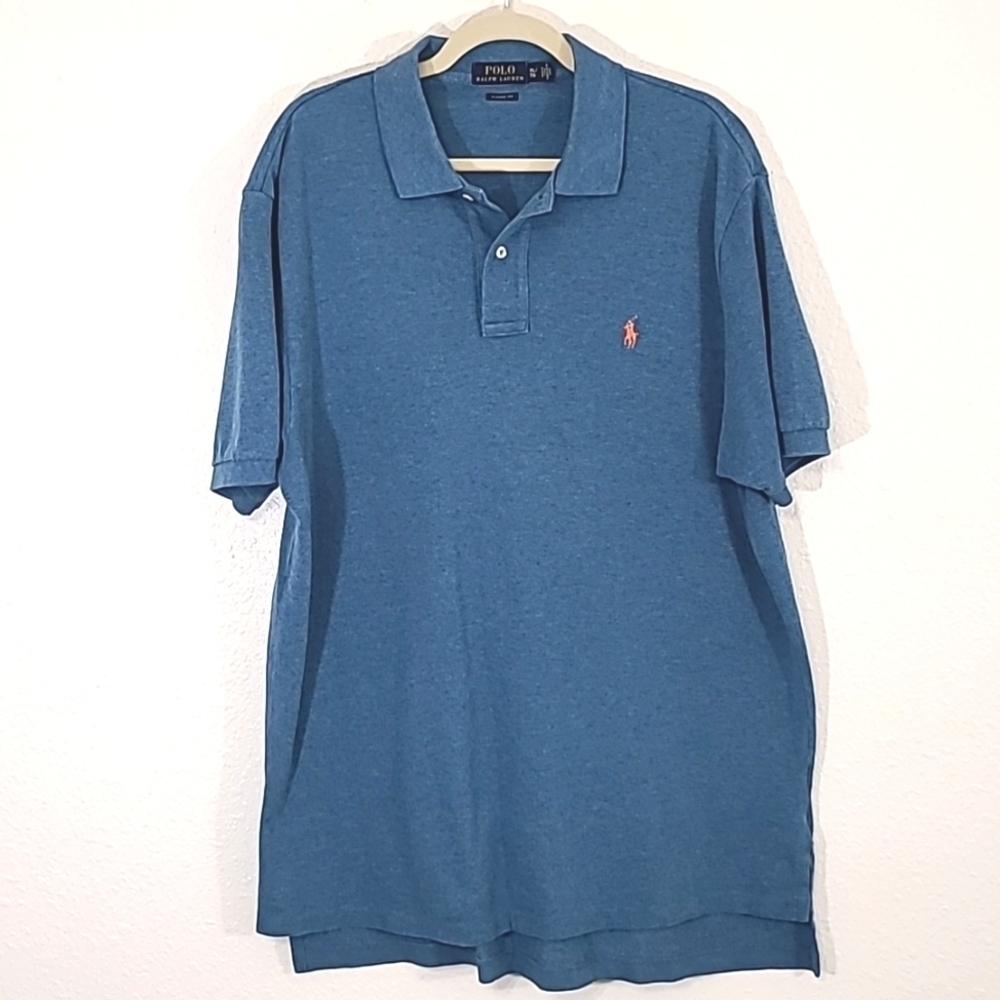 POLO RALPH LAUREN Men's Blue Polo Short Sleeve Classic Fit Orange Logo, size XL